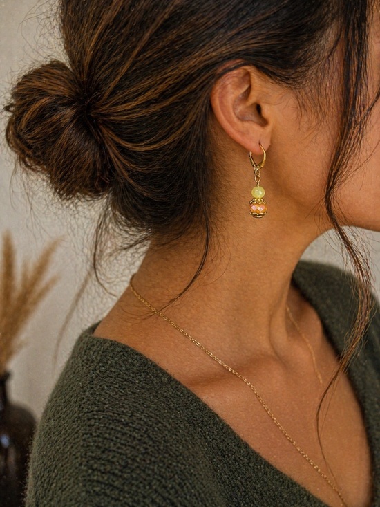 Handmade Jewelry - Antique Gold Green & Amber Beaded Dangle Earrings